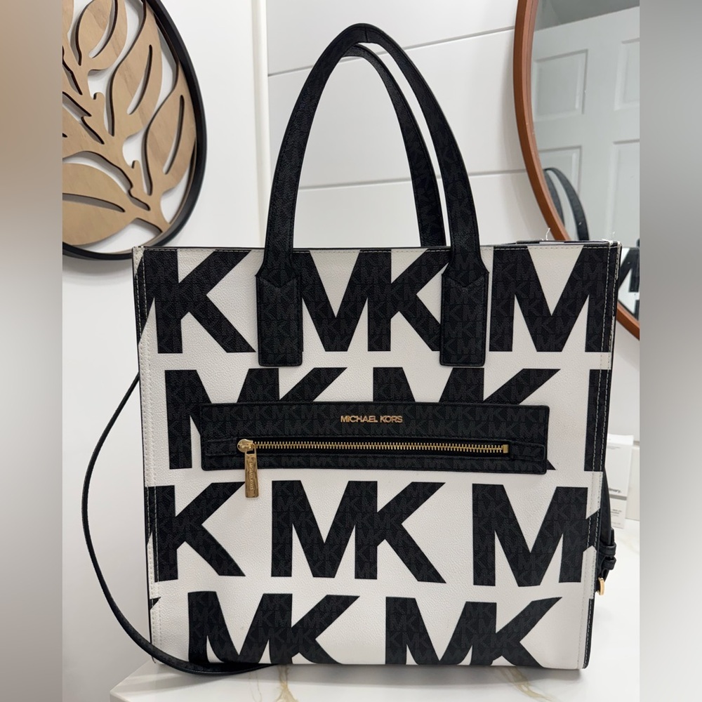 Michael Kors black and white large kenley logo back pack purse bag